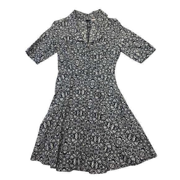 eShakti Custom Fit & Flare Dress Black White Print Career‎ Casual - Picture 1 of 7